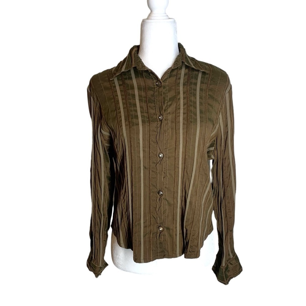 Aegean Stripe Button down Blouse Long Sleeve Stretch Fabric Small Size